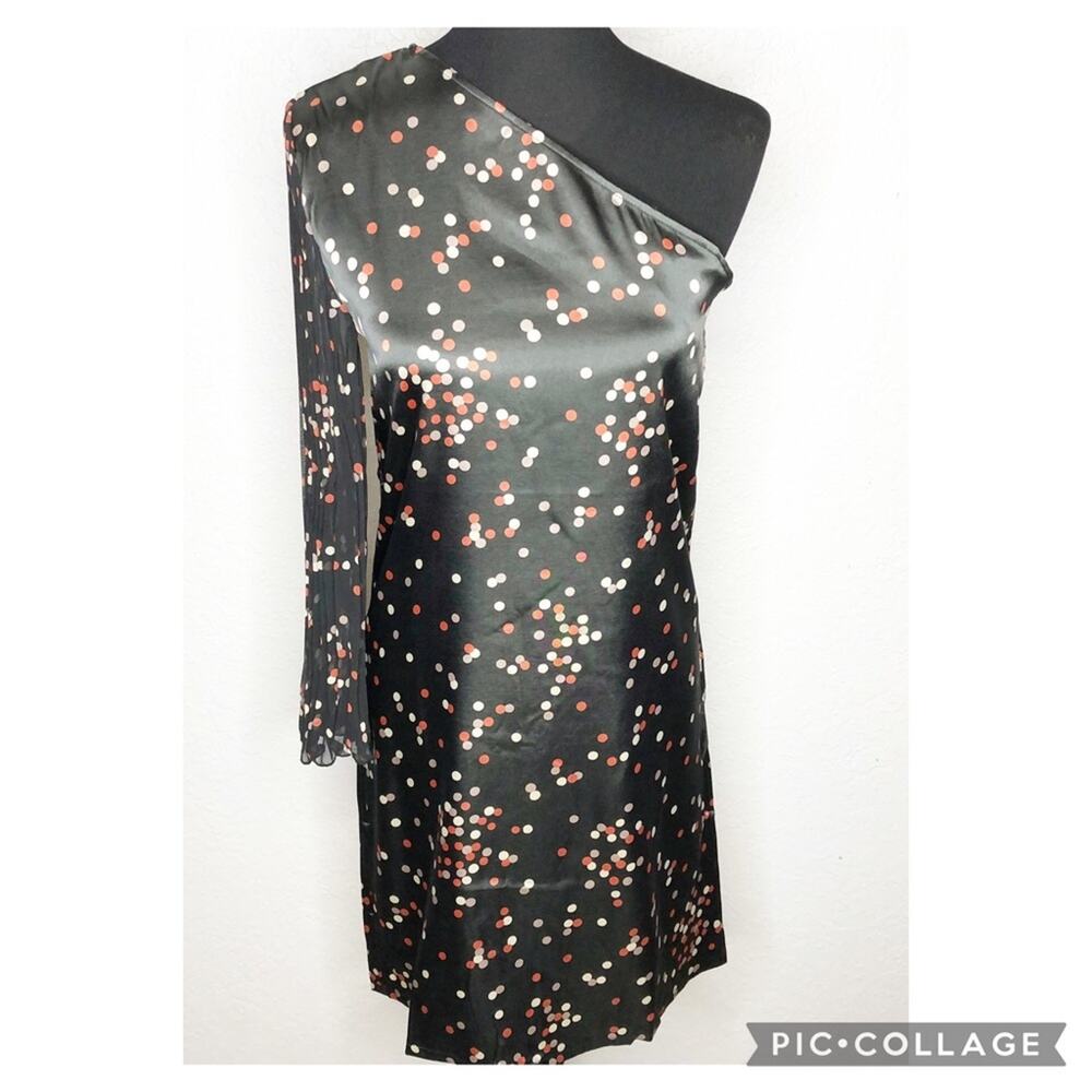 Tracy Negoshian Emma MultiDot black pink polka dot one shoulder dress Medium NWT